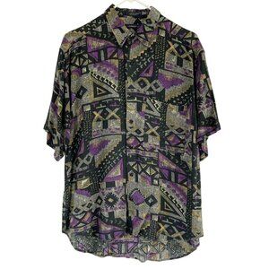 Format Purple Short Sleeve Collared Button Down Shirt Size M Geometric Print